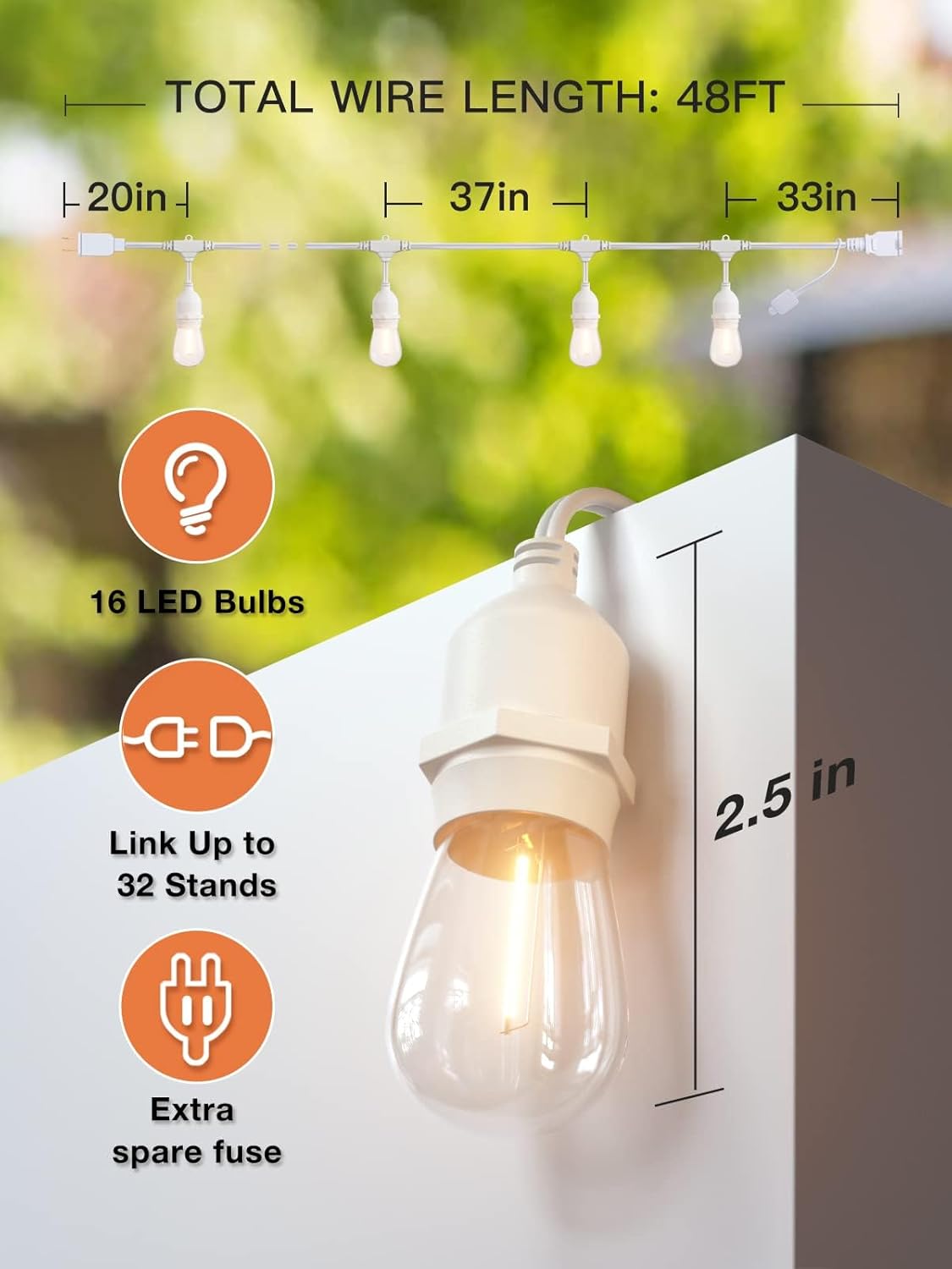 addlon LED Outdoor String Lights 48FT with Dimmable Edison Vintage Shatterproof Bulbs and Commercial Grade Weatherproof Strand - ETL Listed Heavy-Duty Decorative Cafe, Patio, Market Light White