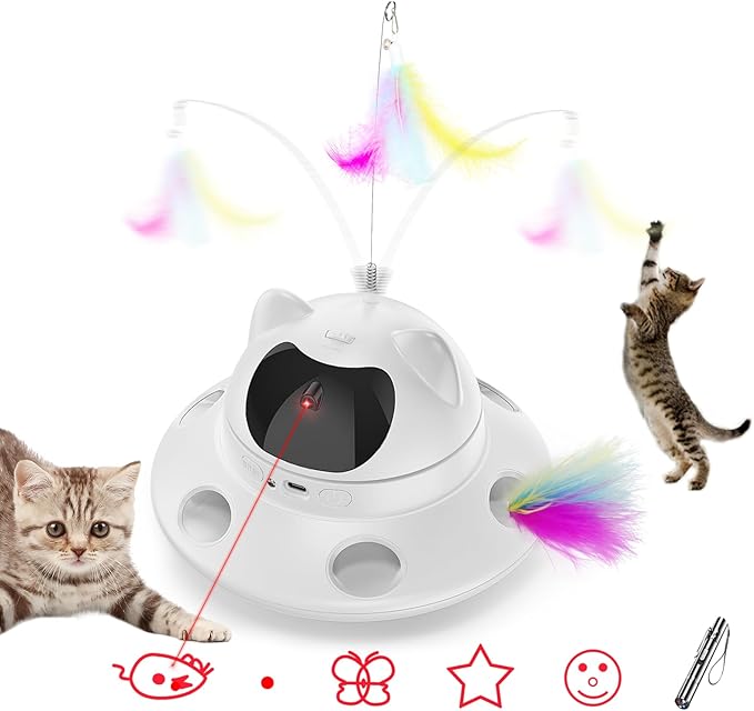 Cat Laser Toy,Automatic Laser cat Toy 3-in-1 Interactive Automatic Motion Activated Moving 6 Holes Whack A Mole Feather, USB Rechargeable Electronic Smart Sensor Kitten Toys for Indoor Exercise-PawvioPets