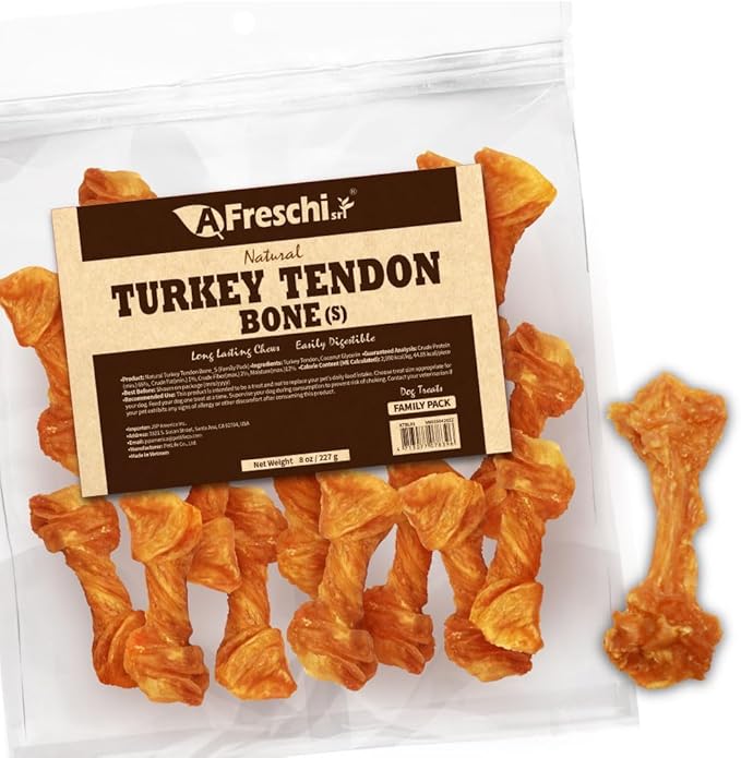 Afreschi Natural Turkey Tendon Bone (S) 8 oz, USA-Sourced Turkey Tendon, All Natural Puppy Chew, Hypoallergenic, Rawhide Alternative, for Small Breeds-PawvioPets