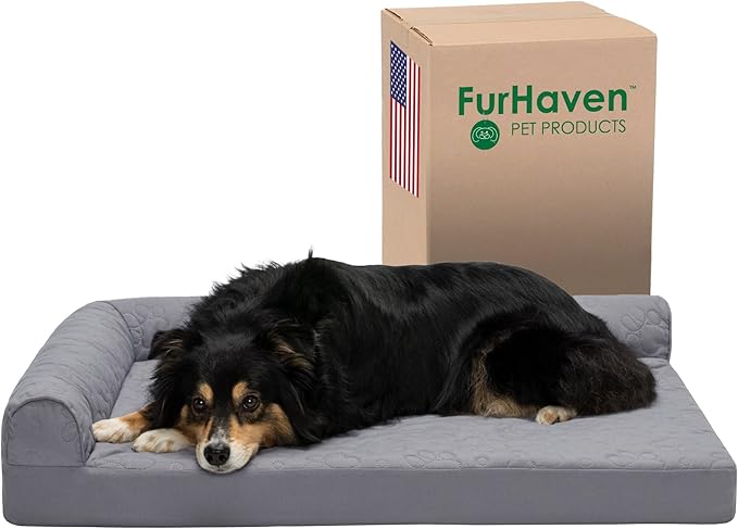Furhaven Cooling Gel Dog Bed for Large/Medium Dogs w/ Removable Bolsters & Washable Cover, For Dogs Up to 55 lbs - Pinsonic Quilted Paw L Shaped Chaise - Titanium, Large-PawvioPets