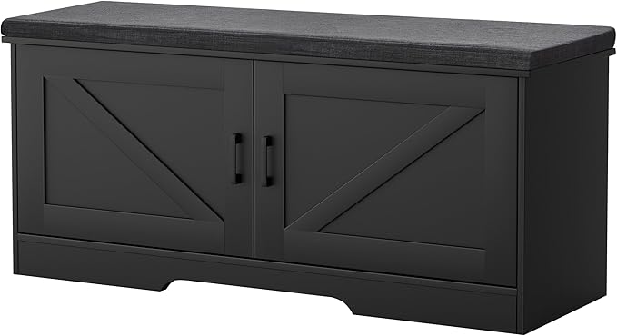 2-Tier Storage Bench, Shoe Bench with Padded Seat Cushion, Entryway Bench with 2 Barn Doors, Adjustable Shelf, 13.8" D x 39.4" W x 17.7" H, for Entryway, Living Room, Bedroom, Black-PawvioPets