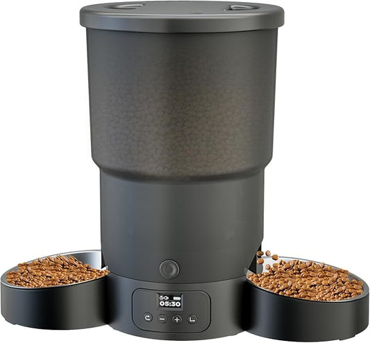 Gimars 5L Automatic Cat Feeder for 2 Cats, Programmable 1-6 Meals Cat Food Dispenser with Stainless Steel Bowl, Easy Setup, Dual Power Supply,10s Meal Call Timed Pet Feeder for Cats and Small Dogs-PawvioPets