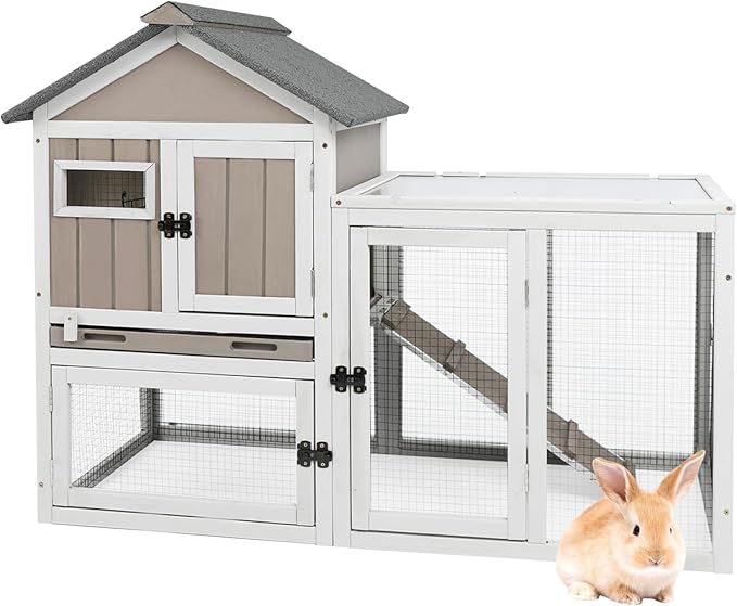 47''L Rabbit Hutch Outdoor Chicken Coop with Run, Wooden Indoor 2 Story Bunny House with Waterproof Roof, Pull Out Tray, Guinea Pig Rabbit Duck Cage for Small to Medium Animals and Pet Lover, Gray-PawvioPets