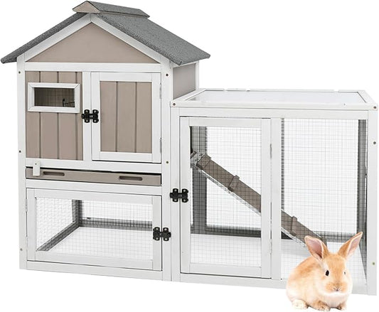 47''L Rabbit Hutch Outdoor Chicken Coop with Run, Wooden Indoor 2 Story Bunny House with Waterproof Roof, Pull Out Tray, Guinea Pig Rabbit Duck Cage for Small to Medium Animals and Pet Lover, Gray-PawvioPets