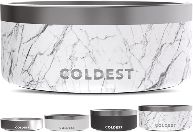Coldest Dog Bowl - Anti Rust Metal, Non Slip, 3 Layers Insulated Stainless Steel Dog Bowls - Spill Proof & Heavy Duty - Water Bowl for Dogs, Cats & Pets, Dish Washer Safe (100 oz, Carrara Marble)-PawvioPets