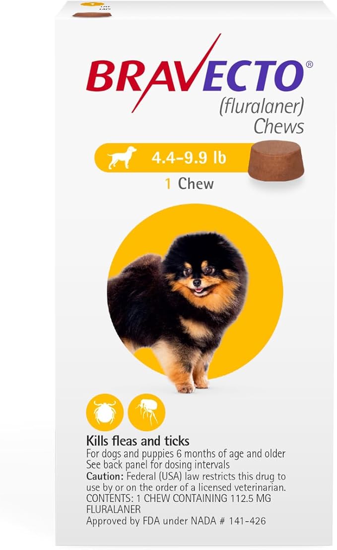 BRAVECTO Chew for Dogs, Flea & Tick, 1 Chew, 12 Week Supply, 4.4-9.9 lbs., Yellow Box-PawvioPets