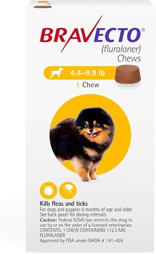 BRAVECTO Chew for Dogs, Flea & Tick, 1 Chew, 12 Week Supply, 4.4-9.9 lbs., Yellow Box-PawvioPets