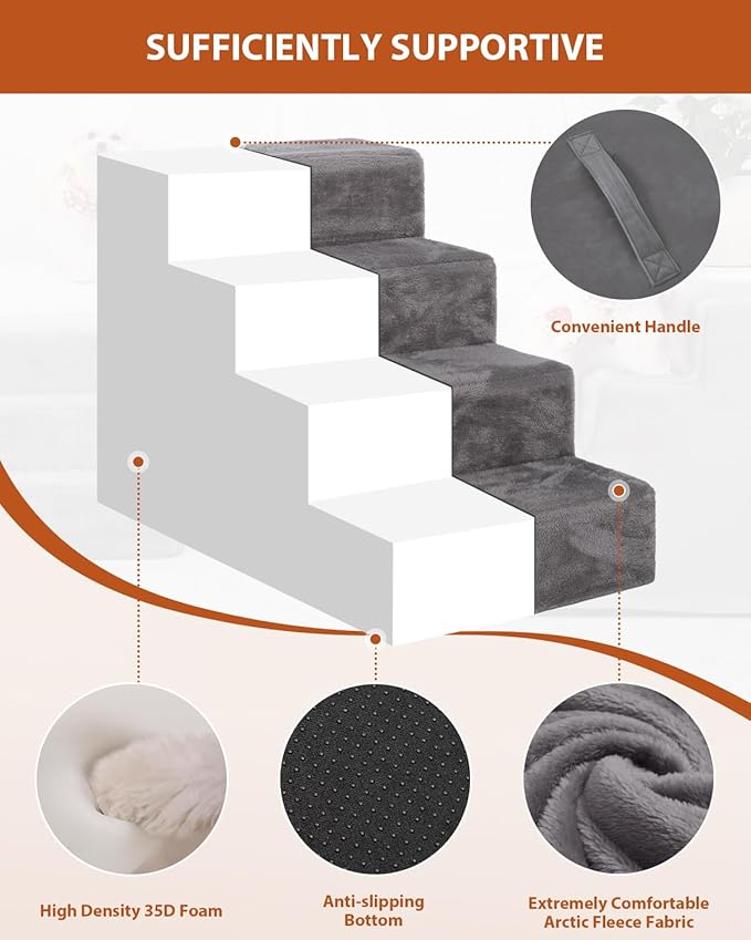Dog Stairs for Small Dogs,17.5" 4-Step Pet Stairs for High Beds and Couches，Dog Steps with Non-Slip Bottom and High-Density Foam Indoor Outdoor,Grey-PawvioPets