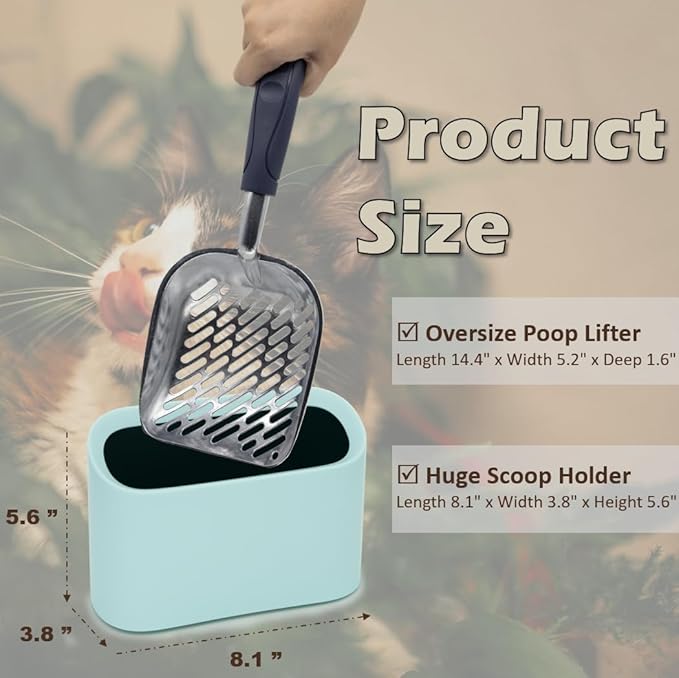 Aluminum Cat Litter Scoop in Holder, Non-Stick Cat Poop Scooper with Holder, Fast Sifting Kitten Poop Lifter and Caddy (Blue)-PawvioPets