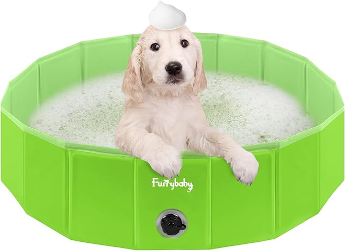 Furrybaby Dog Pool, Kiddie Pool with Hard Plate Collapsible Pet Bath Foldable Swimming Pet Pool Portable Green 32''-PawvioPets