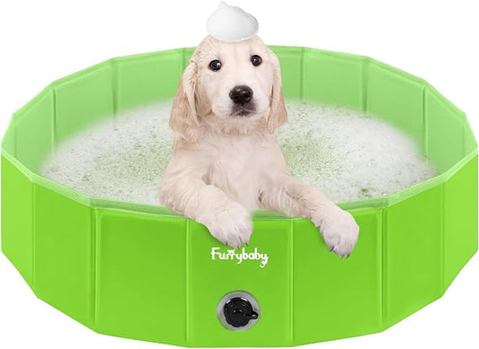 Furrybaby Dog Pool, Kiddie Pool with Hard Plate Collapsible Pet Bath Foldable Swimming Pet Pool Portable Green 32''-PawvioPets