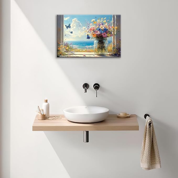 Beach Floral Bathroom Pictures Wall Art, Colorful Flower Bathroom Wall Decor, Coastal Ocean Framed Painting Canvas Artwork for Bedroom Living Room Decorations 24"L x 16"W-PawvioPets