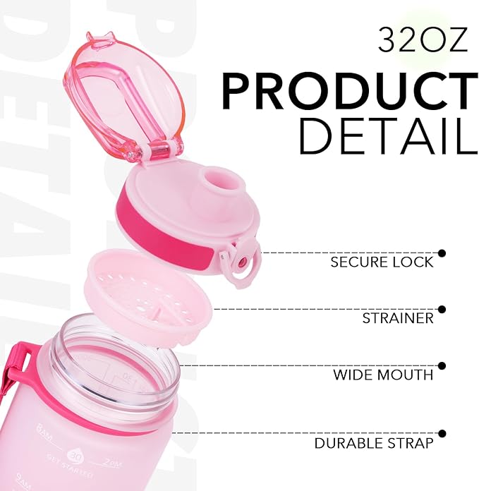32oz Motivational Water Bottles with Time Marker & Fruit Strainer, Transparent Gradient Color Water Bottle with Times to Drink, Leakproof & BPA Free, Reusable Bottle with Strap (No Straw)-PawvioPets
