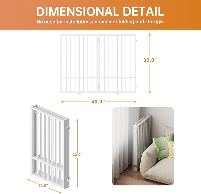 Full Metal Freestanding Dog Gate with Door, 32''Height Foldable Pet Dog Fence for Indoor & Outdoor, 2 Panels Extra Wide Free Standing TallDog Gates for Doorways,House,Stairs,Porch,Deck,Yard-PawvioPets