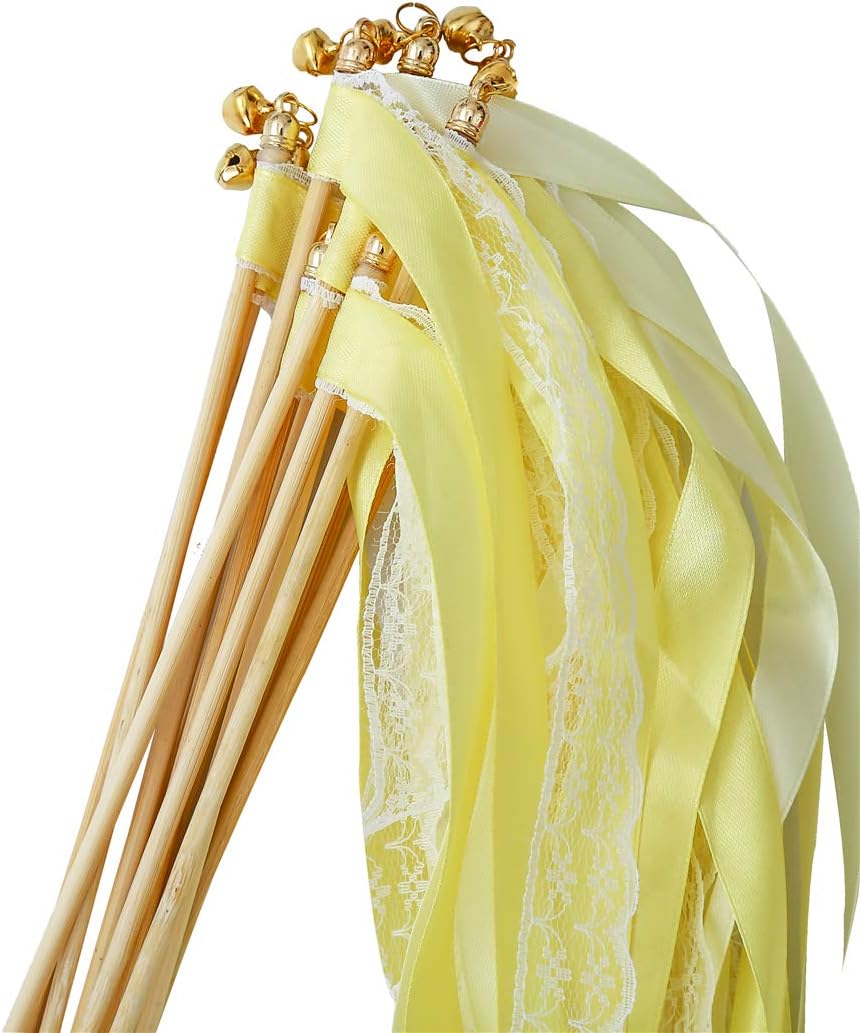 30pcs Lace Ribbon Stick Wands Christmas Birthday Party Streamers Wands Fairy Stick for Wedding Activities (Yellow+Lace)