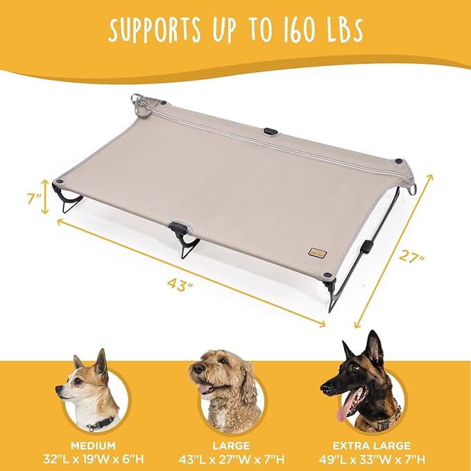 Daisy Cot, Large Foldable Elevated Dog Bed, Portable Raised Outdoor Folding Dog Cot, Cooling, Chew Proof, Waterproof, Heavy Duty Up to 160 Lbs for Camping/Home, Brown, 43"x27"x7”-PawvioPets