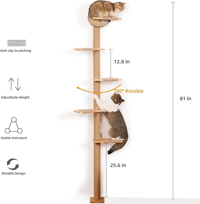 5 Tier Floor to Ceiling Cat Tree Tower with Wall-Mounted Scratching Post, Playful Wall Climbing Shelves for Cats, Ideal for Kittens to Climb, Scratch, and Lookout, Wild Simulation Design-PawvioPets