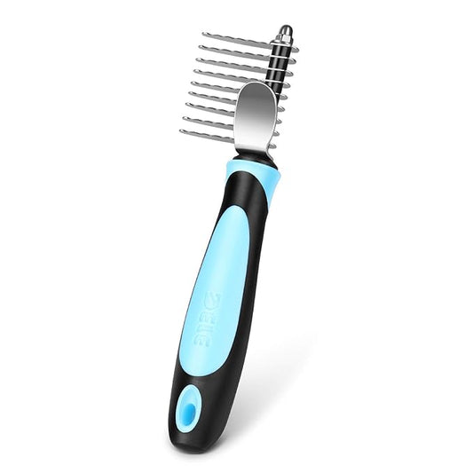 Flexzion Dogs Dematting Comb, Stainless Steel Blades Rakes, for Pets Cats Animals Matted Knotted Hair, Brush Cutting Removing Grooming Tool with Smooth Teeth Needle - Black & Blue Handle-PawvioPets