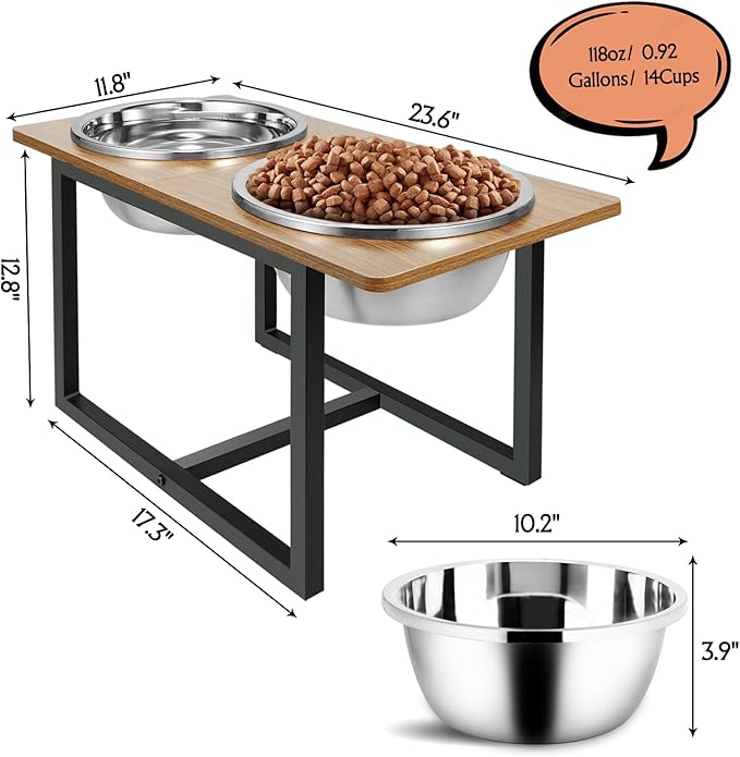 Elevated Dog Bowls for Large Dogs, Raised Dog Bowl Stand with Two X-Large Stainless Steel Bowls for Dogs, 3.5L Capacity, Rustic Walnut-PawvioPets