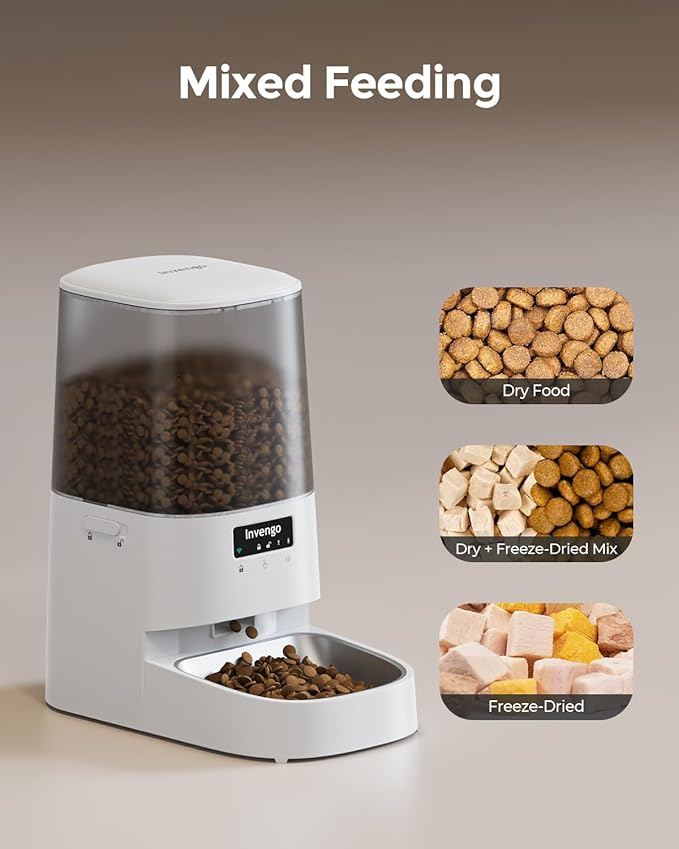 Cat Feeder Automatic - Cat Food Dispenser MeowServe S20, Auto Dog Feeder with Stainless Steel Bowl, 5L Pet Feeder with Patented Anti-Jam Port, App, Dual Lock Lid, Dual-Band WiFi & Power, White-PawvioPets