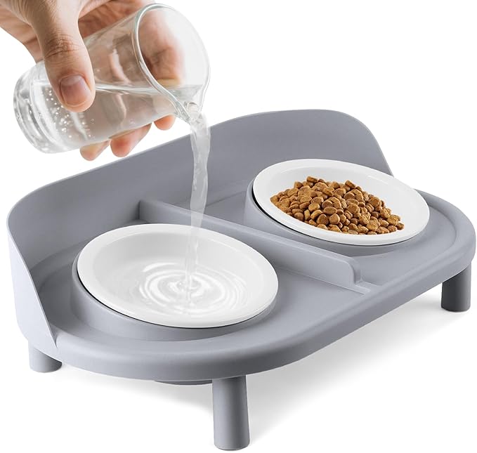 Elevated Cat Bowls, Tilted Rised Cat Food and Water Bowl with 2 Pcs Ceramic Pet Bowls, Rised Stand, Pet Dish Anti Vomiting Feeding Station for All Sized Cats & Small Dogs (Grey)-PawvioPets