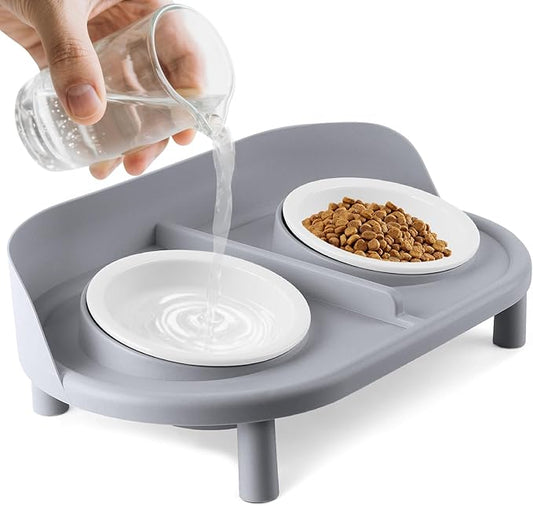 Elevated Cat Bowls, Tilted Rised Cat Food and Water Bowl with 2 Pcs Ceramic Pet Bowls, Rised Stand, Pet Dish Anti Vomiting Feeding Station for All Sized Cats & Small Dogs (Grey)-PawvioPets