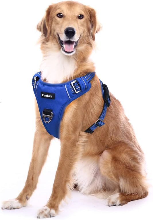 Funfox Dog Harness No Pull, Adjustable Pet Vest Harness, Super Soft Material with Vertical Handle Easy Control, Reflective Night Walking, 2 Leash Clips for XLarge Dogs, Blue, XL-PawvioPets