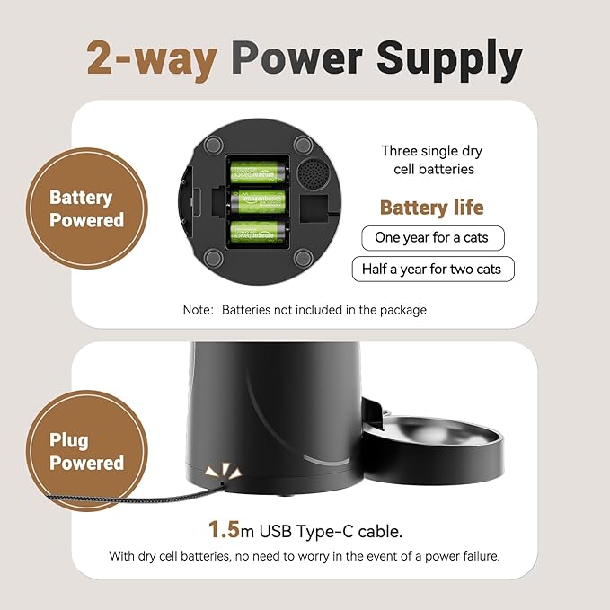 Automatic Cat Feeder for 2 Cats - 16 Cups/4L Timed Auto Pet Feeder with Portion Control (1-6 Meals), Dual Power& Easy to Clean for Indoor Cats & Small Dogs-PawvioPets