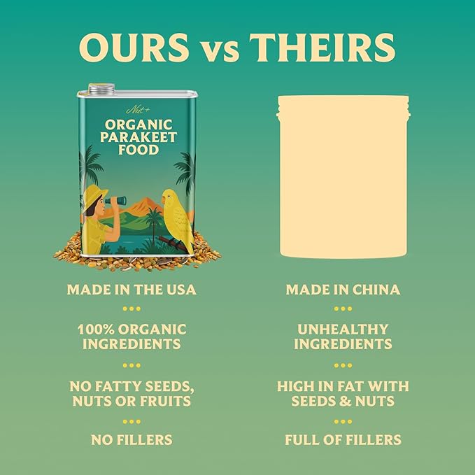 100% Organic Parakeet Food – Premium Bird Seed Mix with Oat Groats, Buckwheat, Amaranth, Super Veggies & Seeds – Reusable Tin + Stainless-Steel Scooper – Made in USA, Human Grade Ingredients (2lb)-PawvioPets