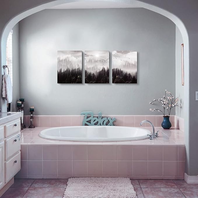 Framed Canvas Art - Boho Wall Decor Set of 3: Foggy Forest Trees Scenery for Living Room, Bedroom, Office, Farmhouse, Home Decoration-PawvioPets