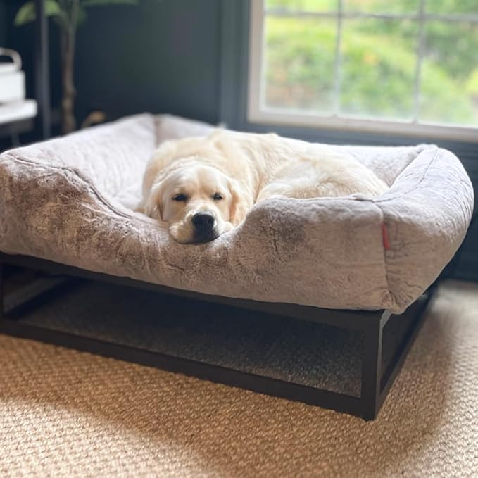 FUZI Luxury Aesthetic Dog Bed for Medium Dogs with Washable Cover, Pet Couch, Pet Bed with Sides, Non-Slip Bottom, Soft and Durable Calming Dog Bed, Faux Rabbit Fur, Medium 31.75x23.6x9.5 Light Grey-PawvioPets