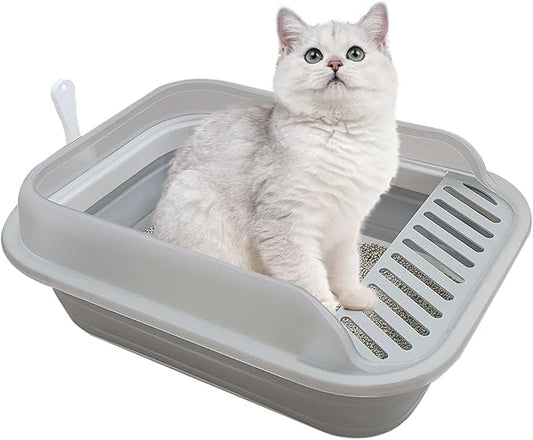 Collapsible Kitten Litter Box, Open High Sided Cat Potty Pan with Scoop Shallow Cat Toilet Anti-Splashing Low Entrance Travel Litter Box with Falling Sand Pedal for Kitty to Senior Cats-PawvioPets