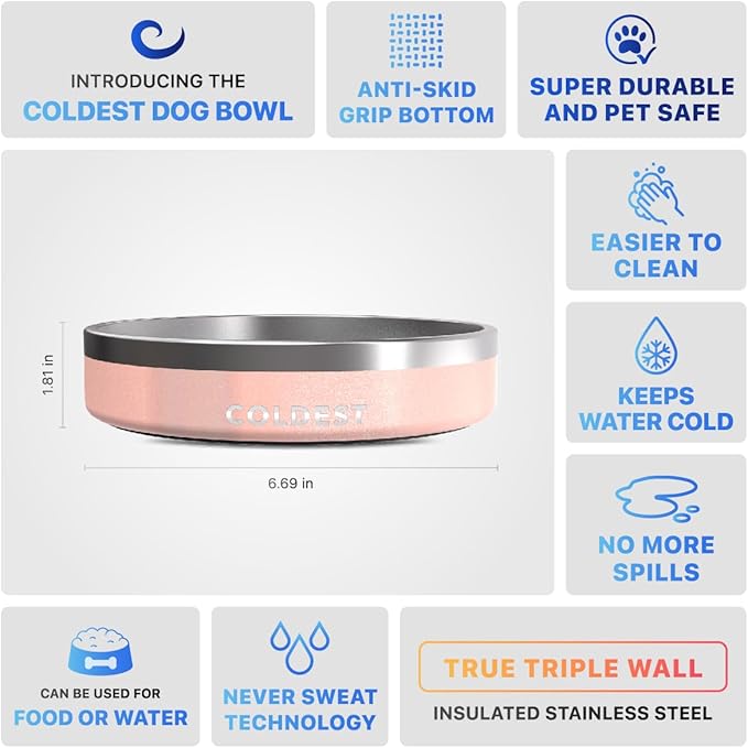 Coldest Dog Bowl - Anti Rust Metal, Non Slip, 3 Layers Insulated Stainless Steel Dog Bowls - Spill Proof & Heavy Duty - Water Bowl for Dogs, Cats & Pets, Dish Washer Safe (21 oz, Forever Pink Glitter)-PawvioPets