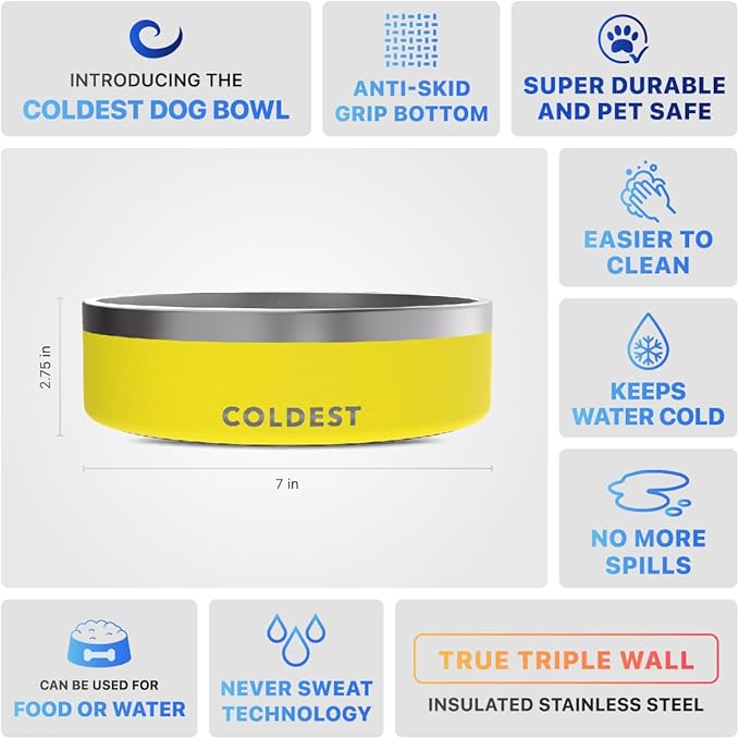 Coldest Dog Bowl - Anti Rust Metal, Non Slip, 3 Layers Insulated Stainless Steel Dog Bowls - Spill Proof & Heavy Duty - Water Bowl for Dogs, Cats & Pets, Dish Washer Safe (42 oz, Solar Yellow)-PawvioPets