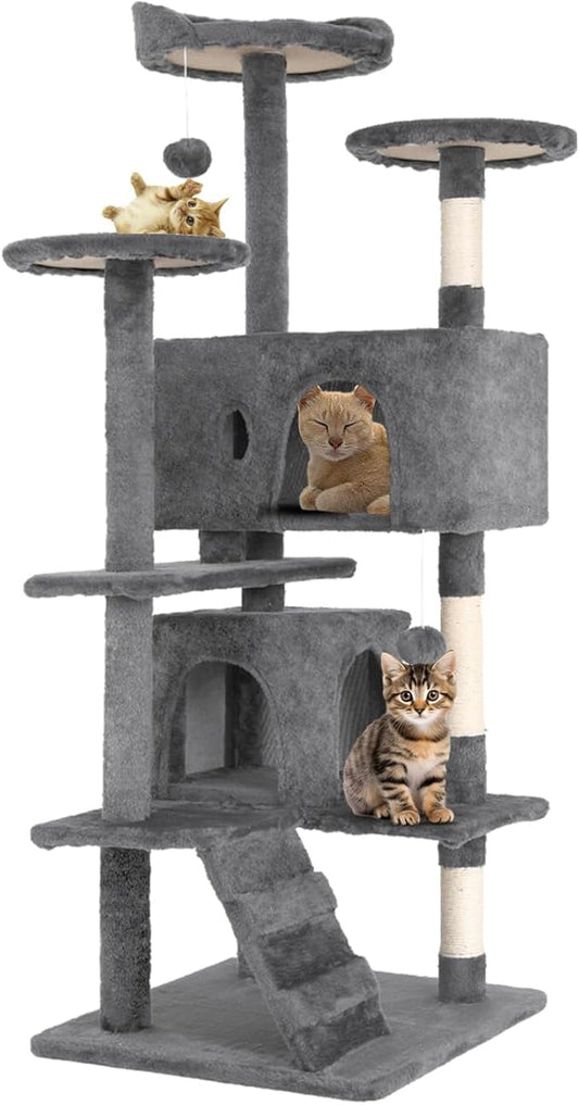 54.7 Inches Cat Tower for Indoor Cats, Multi-Level Cat Condos with Scratching Posts, Hanging Toys, Light Gray-PawvioPets