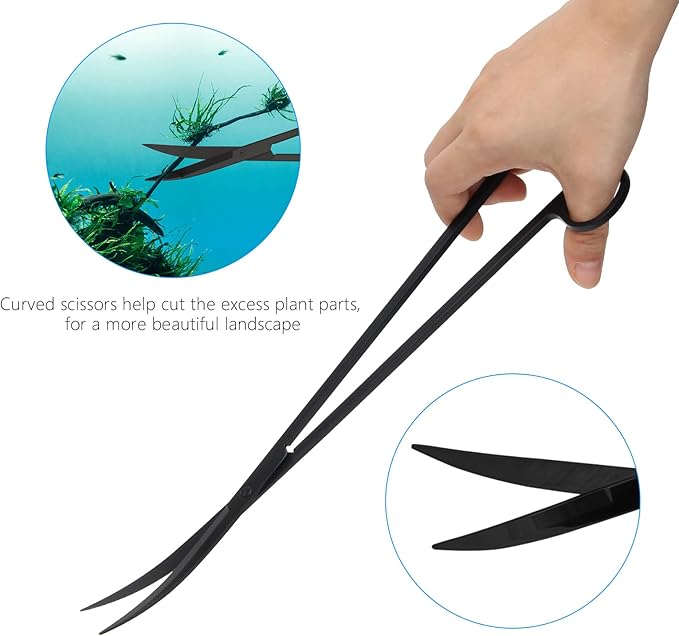 Aquarium Aquascape Tools Kit 15in, 4 in 1 Anti-Rust Aquatic Plant Aquascaping Tool Stainless Steel Tweezer Scissor Spatula for Aquarium Tank Clean Fish Tank Aquascape Accessories Set (black)-PawvioPets