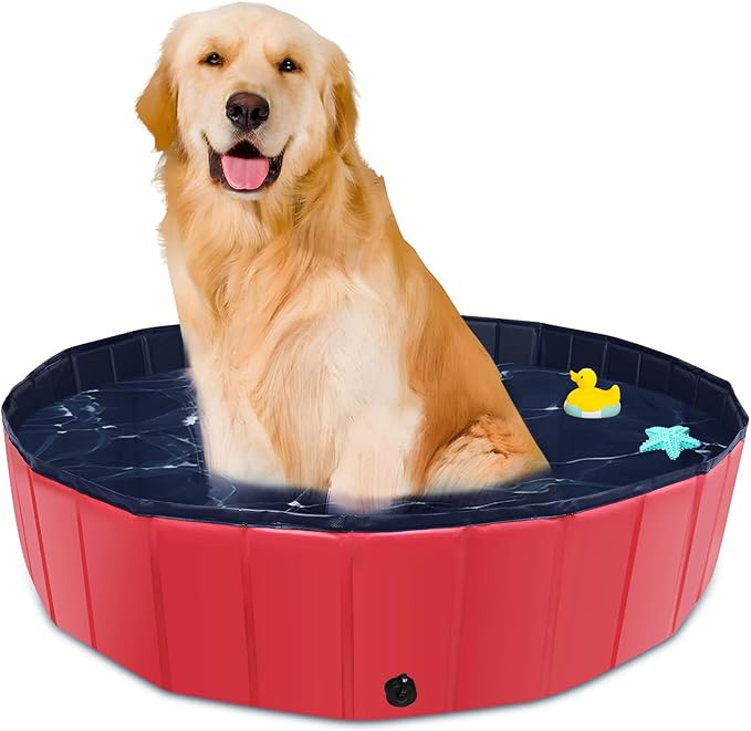Foldable Dog Pool, 39" x 12" Kiddie Pool with Hard Plastic, Non-Slip Dog Bath Tub for Outdoor Backyard, Collapsible Dog Swimming Pool for Kids Dogs Pets (Red)-PawvioPets