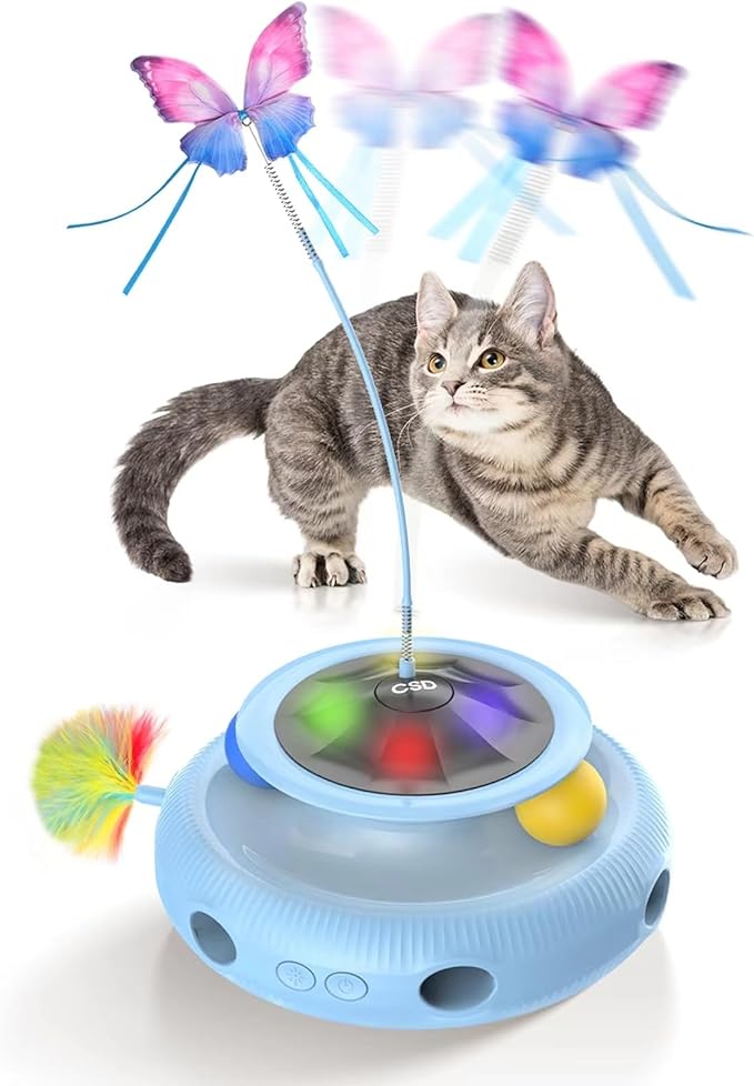 Automatic Interactive Cat Toys for Indoor Cats & Bored Adults - Kitten Toys with Fluttering Butterfly, Ambush Feather & Track Balls - Exercise & Stimulation for Playful Cats (Sky Blue)-PawvioPets