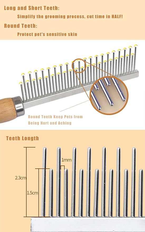 Dog Cat Grooming Comb with Wooden Handle Stainless Steel Teeth, Pet Grooming Supplies Accessories for Hairy Pets (Dual Teeth)-PawvioPets