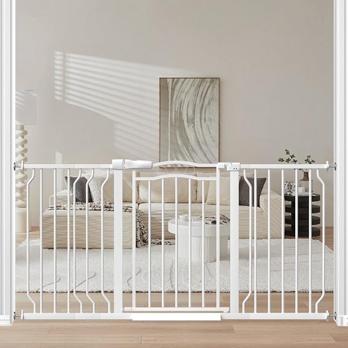 Extra Wide Baby Gate for Doorways 53.1"-62.6", Pressure Mounted Dog Gates With Door, Child Safety Barrier Walk Thru Indoor, Large Babygate Long for Kids Toddler Pet Outside, 30 In Tall White-PawvioPets