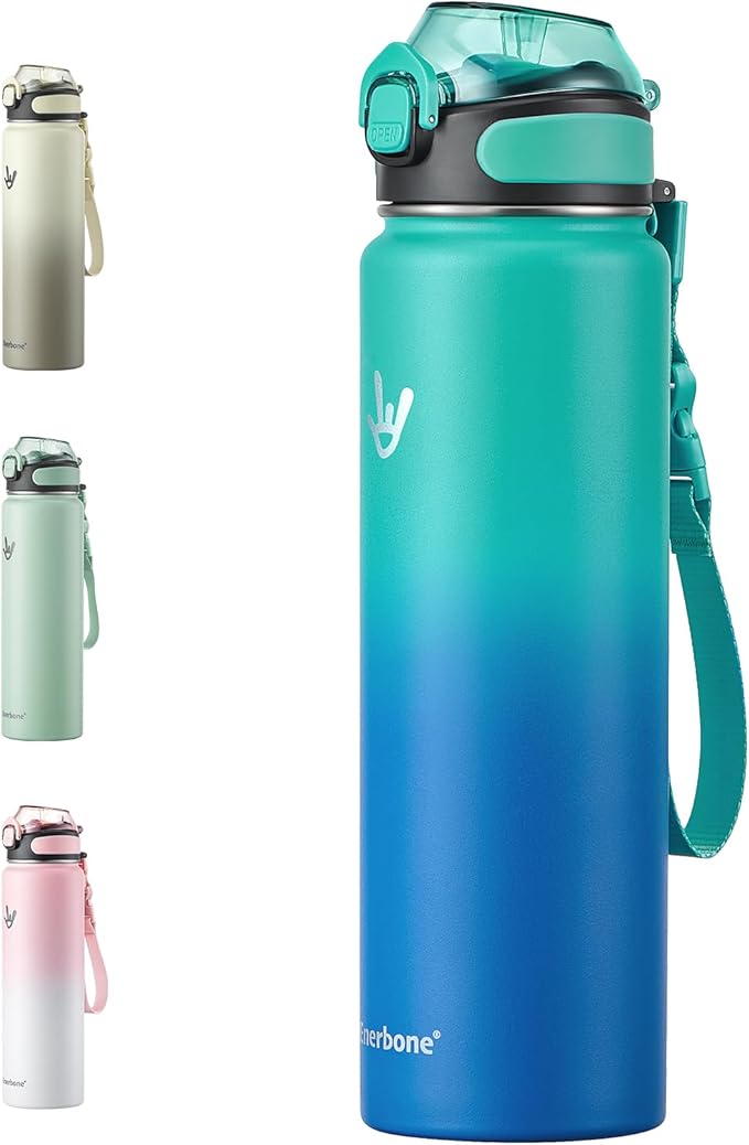 Enerbone 32 oz Insulated Water Bottle, Stainless Steel Bottle with Carrying Strap, Double-Wall Vacuum Insulation Design, Leakproof Sports Bottle with Straw, Keep Drinks Cold or Hot for Hours-PawvioPets