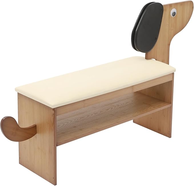 Cute Dog Shoe Bench with Cushion, 51.6”L x 11.8”W Puppy Shoe Storage Bench Beige 2-Tire Bamboo Shoes Rack Bench for Entryway Living Room Hallway Bedroom 220Lbs Load Capacity-PawvioPets