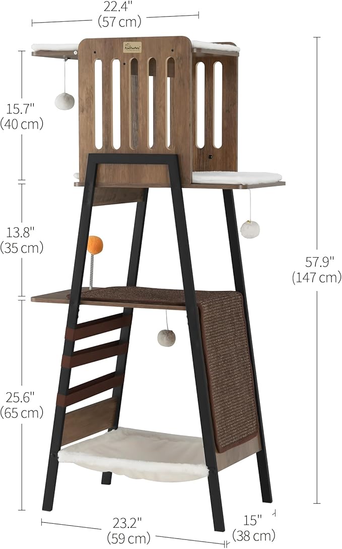 FourFurPets Modern Cat Tree, 58-Inch Cat Tower for Large Cats, Maine Coon Cat Tree with Scratching Board, Large Perch, Hammock and Removable Pads, Greige-PawvioPets