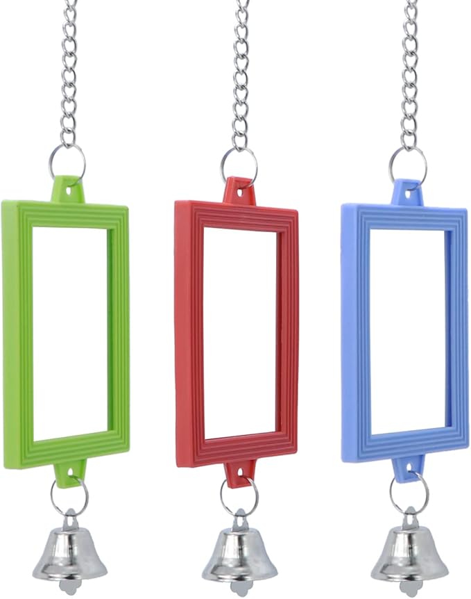 4 PCS Bird Mirror with Bell Parrot Hanging Interactive Playing Toy for Cockatiel Parakeets Canaries Budgie Cage Accessories-PawvioPets