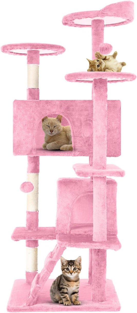 54.7 inches Cat Tower for Indoor Cats, Multi-Level Cat Condos with Scratching Posts, Hanging Toys, Pink-PawvioPets