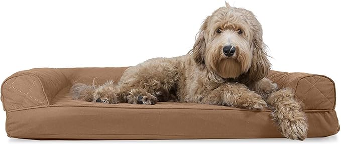 Furhaven Cooling Gel Dog Bed for Large/Medium Dogs w/ Removable Bolsters & Washable Cover, For Dogs Up to 55 lbs - Quilted Sofa - Toasted Brown, Large-PawvioPets