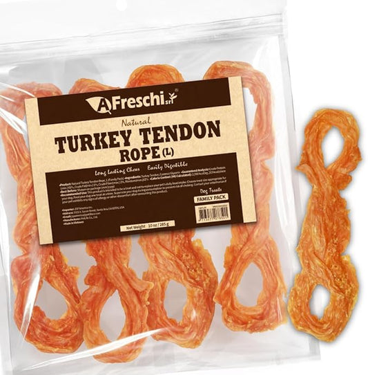 Afreschi Natural Turkey Tendon Rope (L) 10 oz, USA-Sourced Turkey Tendon, All Natural Puppy Chew, Hypoallergenic, Rawhide Alternative, for Large Breeds-PawvioPets