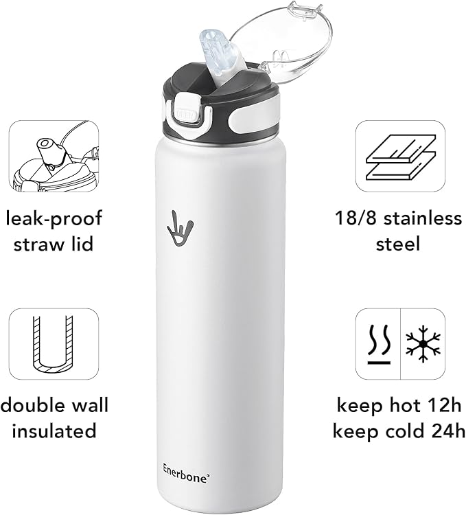 Enerbone 32 oz Insulated Water Bottle, Stainless Steel Bottle with Carrying Strap, Double-Wall Vacuum Insulation Design, Leakproof Sports Bottle with Straw, Keep Drinks Cold or Hot for Hours-PawvioPets