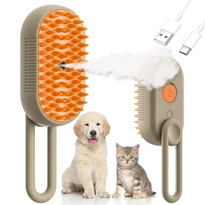4 in 1 Cat Steam Brush Rechargeable pet spray comb Steam Brush for Cats and Dogs, Massage, Cleaning, Shedding & Combing Multifunctional Hair Removal Anti Static Grooming Tool for home (Beige)-PawvioPets