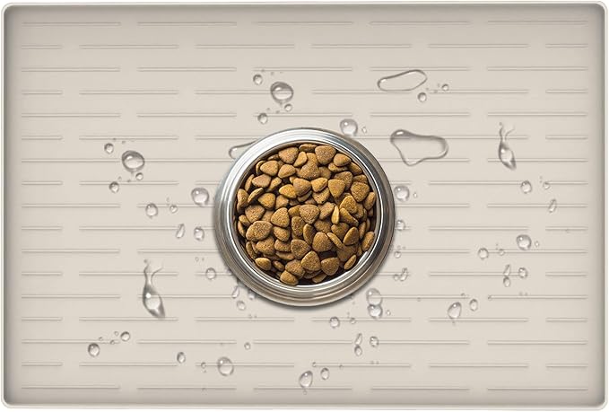 24" x 16" Dog Food Mat, Silicone Pet Mats for Food and Water, Nonslip Pet Feeding Mats for Floors, Dog Cat Bowl Mat with Raised Edges, Beige-PawvioPets